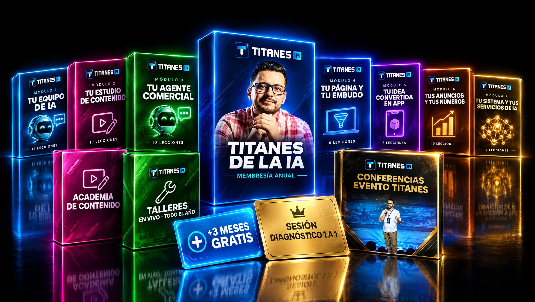 Todo lo que incluye Titanes de la IA: la membresía, los 7 módulos, la academia de contenido, los talleres del año, las conferencias, la sesión 1 a 1 y los 3 meses gratis